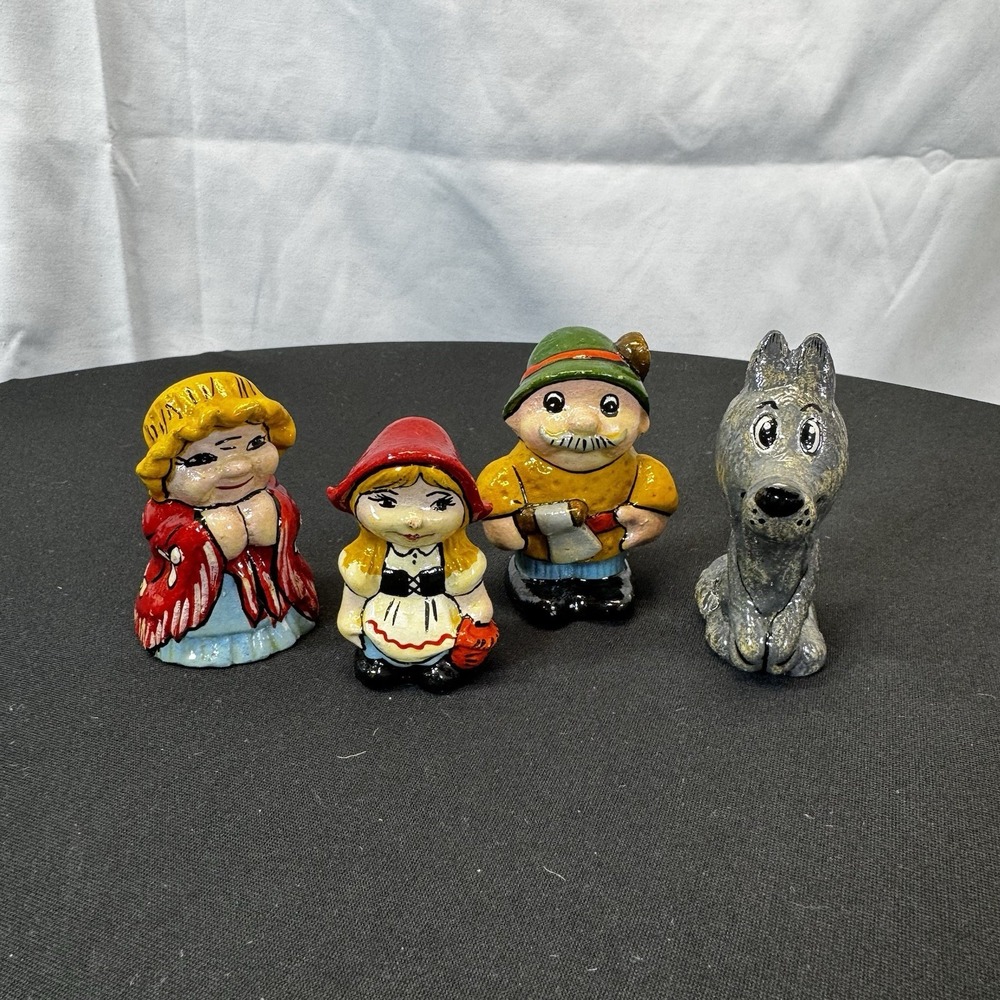 Antique Hand Painted Plaster Cement Little Red Riding Hood Figurines Set